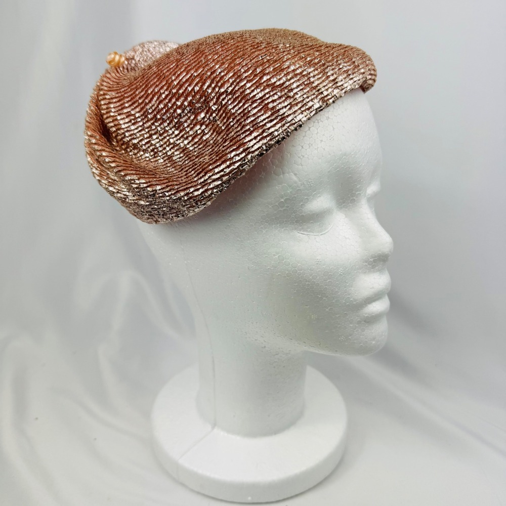 Vintage 1940s Tilt Percher Hat Rose Gold Metallic Straw Ruched Pleated Hat Pins